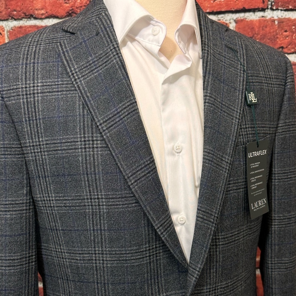 LAUREN RALPH LAUREN MENS BLAZER SIZE 38 GREY BLUE PLAID LEXINGTON FLEX JACKET - Picture 5 of 13